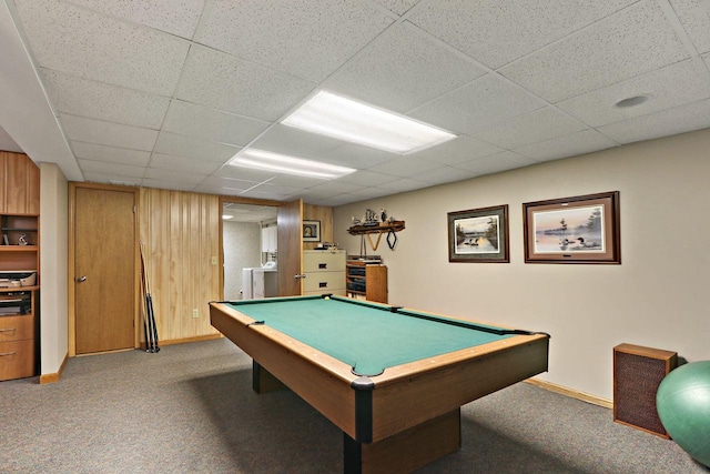 32665 Academy Rd, Burlington, WI 53105 - recreation room with carpet, a drop ceiling, billiards table, and washer and clothes dryer