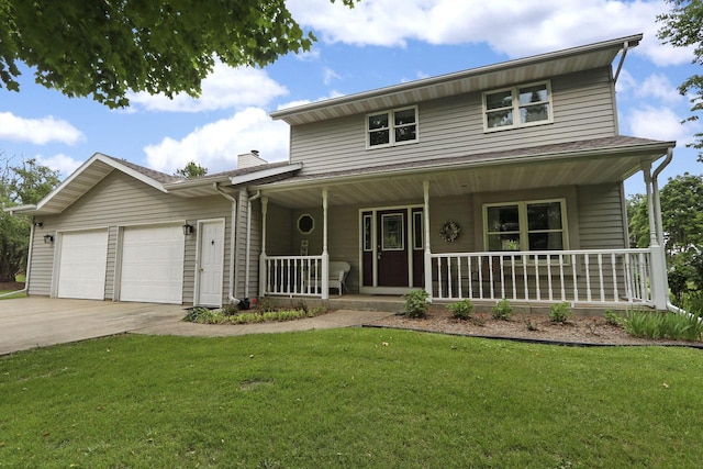 32665 Academy Rd, Burlington, WI 53105 - view of front facade with covered porch, an attached garage, driveway, a front lawn, and a chimney