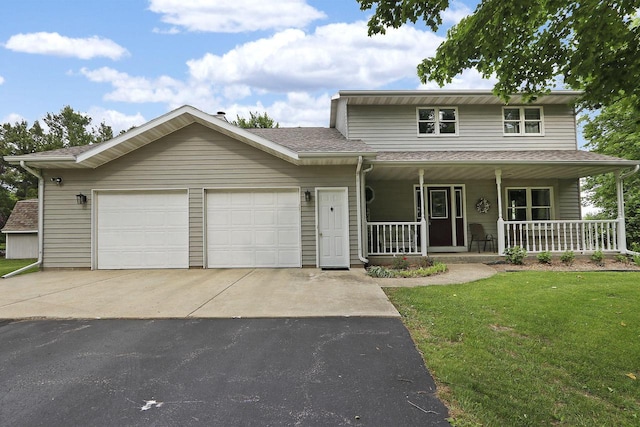 32665 Academy Rd, Burlington, WI 53105 - view of front of property featuring asphalt driveway, a garage, covered porch, a front lawn, and a shingled roof