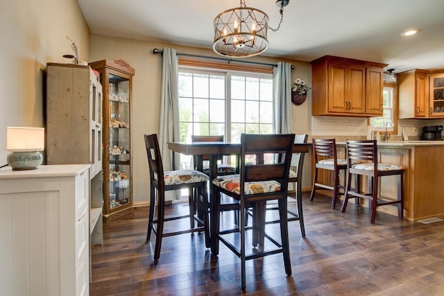 1410 Edwin St, Marinette, WI 54143 - dining room featuring a chandelier, dark wood-style floors, and recessed lighting