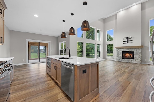 N65W34963 Baltic Pass, Oconomowoc, WI 53066 - kitchen featuring stainless steel appliances, light wood-style flooring, light countertops, a fireplace, and recessed lighting