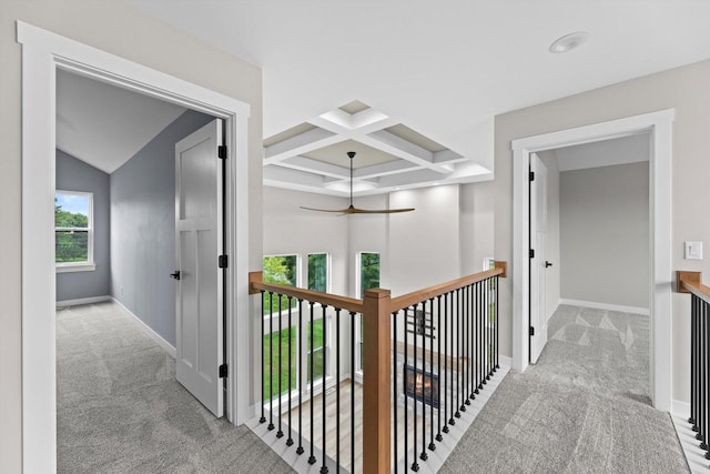 N65W34963 Baltic Pass, Oconomowoc, WI 53066 - hallway featuring carpet flooring, an upstairs landing, coffered ceiling, and beam ceiling
