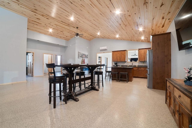4304 E Leggate Rd, Superior, WI 54880 - dining space featuring wood ceiling, high vaulted ceiling, a ceiling fan, and recessed lighting