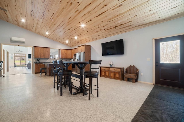 4304 E Leggate Rd, Superior, WI 54880 - dining space with a wall mounted air conditioner, wooden ceiling, lofted ceiling, and recessed lighting