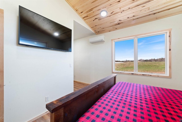 4304 E Leggate Rd, Superior, WI 54880 - bedroom featuring a wall mounted air conditioner, vaulted ceiling, wood ceiling, wood finished floors, and recessed lighting