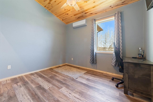 4304 E Leggate Rd, Superior, WI 54880 - unfurnished office with an AC wall unit, wood ceiling, ceiling fan, lofted ceiling, and wood finished floors