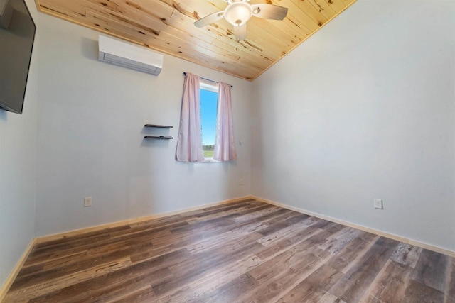 4304 E Leggate Rd, Superior, WI 54880 - spare room featuring an AC wall unit, wood ceiling, ceiling fan, wood finished floors, and lofted ceiling