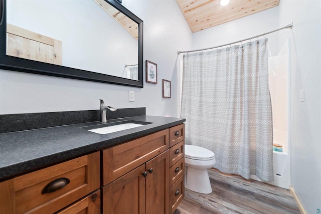 4304 E Leggate Rd, Superior, WI 54880 - bathroom with wood finished floors, vanity, shower / tub combo, and wooden ceiling