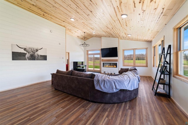 4304 E Leggate Rd, Superior, WI 54880 - living room featuring wooden ceiling, dark wood finished floors, a large fireplace, lofted ceiling, and recessed lighting