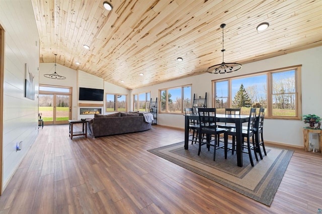 4304 E Leggate Rd, Superior, WI 54880 - dining space featuring vaulted ceiling, wooden ceiling, healthy amount of natural light, wood finished floors, and a glass covered fireplace