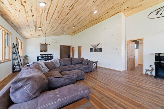 4304 E Leggate Rd, Superior, WI 54880 - living room featuring lofted ceiling, wood finished floors, wooden ceiling, and recessed lighting