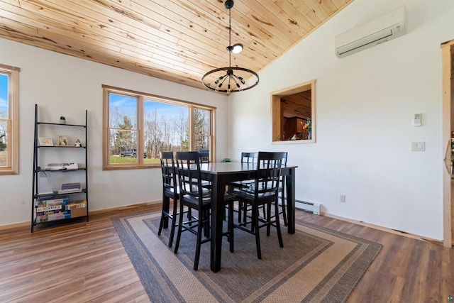 4304 E Leggate Rd, Superior, WI 54880 - dining room featuring an AC wall unit, wood ceiling, a chandelier, wood finished floors, and lofted ceiling