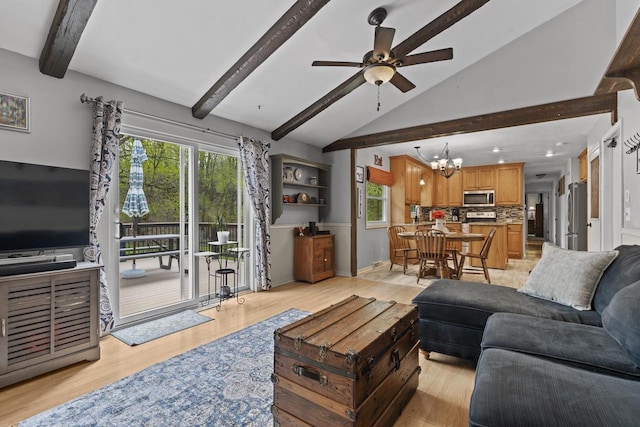 611 Mount Snowdon Rd, Wales, WI 53183 - living area featuring a chandelier, light wood-type flooring, a ceiling fan, and recessed lighting