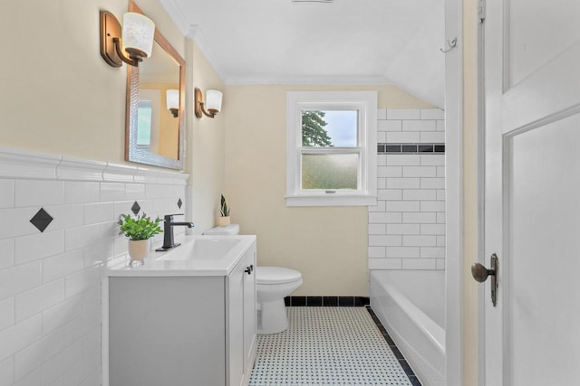 5463 N Lydell Ave, Glendale, WI 53217 - bathroom featuring vanity, tile patterned floors, tile walls, wainscoting, and crown molding