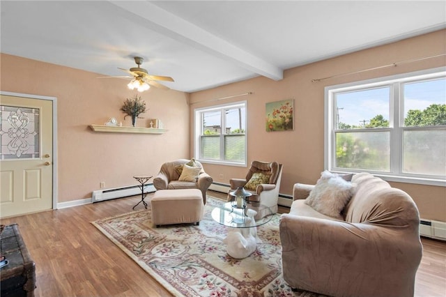 110 1st Ave, Balsam Lake, WI 54810 - living area featuring a baseboard heating unit, wood finished floors, beam ceiling, a ceiling fan, and baseboard heating