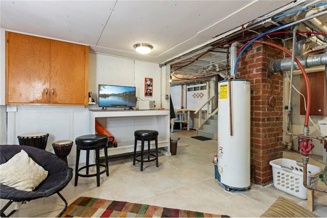 110 1st Ave, Balsam Lake, WI 54810 - unfinished basement with gas water heater, light tile patterned floors, and stairs
