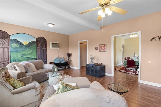 110 1st Ave, Balsam Lake, WI 54005 - living room featuring wood finished floors, beam ceiling, and a ceiling fan