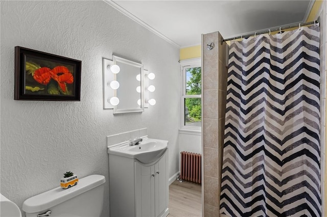 110 1st Ave, Balsam Lake, WI 54005 - full bathroom featuring radiator, a textured wall, vanity, wood finished floors, and crown molding