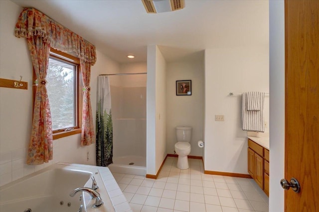 4205 Monarch Ct, Middleton, WI 53562 - full bathroom featuring a whirlpool tub, vanity, curtained shower, tile patterned flooring, and recessed lighting