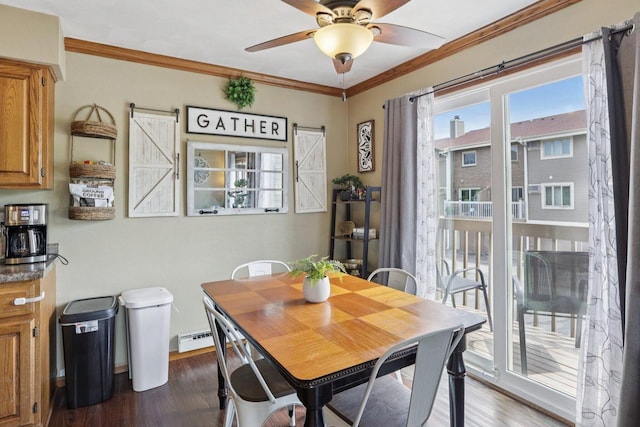 1603 Mckenna Blvd, Madison, WI 53711 - dining space with dark wood finished floors, ceiling fan, ornamental molding, and a baseboard heating unit