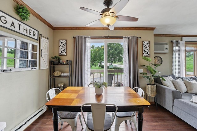 1603 Mckenna Blvd, Madison, WI 53711 - dining space featuring a baseboard radiator, crown molding, a ceiling fan, a wall unit AC, and dark wood-type flooring