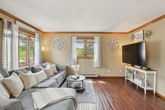 1603 Mckenna Blvd, Madison, WI 53711 - living area featuring plenty of natural light, ornamental molding, baseboard heating, and dark wood-style floors