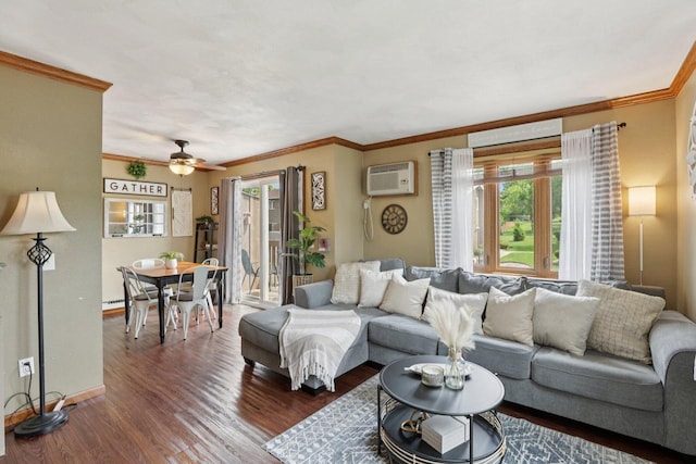 1603 Mckenna Blvd, Madison, WI 53711 - living area featuring a wall unit AC, wood finished floors, ceiling fan, ornamental molding, and baseboard heating