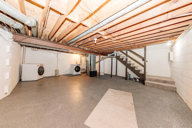 W169N11492 Biscayne Dr, Germantown, WI 53022 - unfinished basement featuring washer and dryer, stairs, and concrete block wall