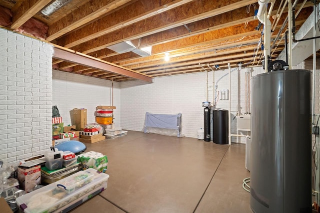 N52W35297 Lighthouse Ln, Oconomowoc, WI 53066 - unfinished basement featuring water heater, a water softener, and brick wall
