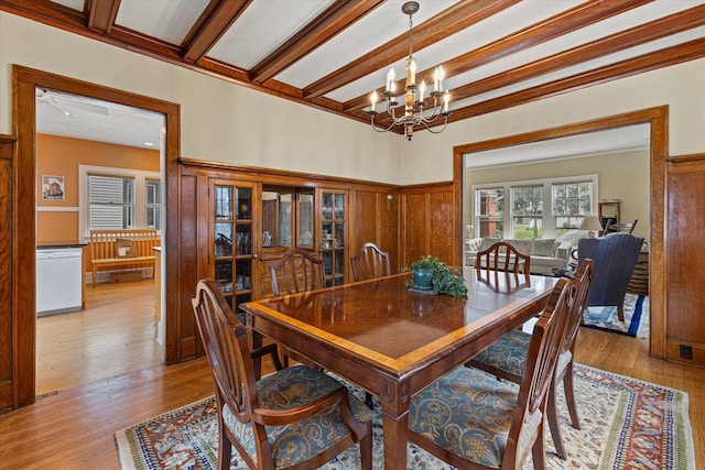 4069 N Prospect Ave, Shorewood, WI 53211 - dining space featuring a chandelier, light wood-style flooring, and beam ceiling