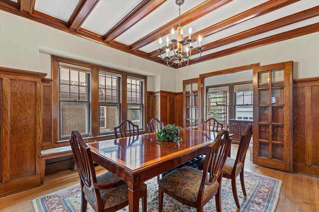 4069 N Prospect Ave, Shorewood, WI 53211 - dining area featuring a chandelier, a wainscoted wall, light wood finished floors, and beamed ceiling