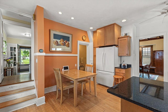 4069 N Prospect Ave, Shorewood, WI 53211 - kitchen with freestanding refrigerator, recessed lighting, healthy amount of natural light, light wood-type flooring, and ceiling fan