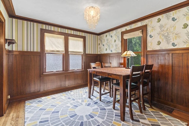 1853 N 83rd St, Wauwatosa, WI 53213 - dining space with ornamental molding, a wainscoted wall, wallpapered walls, wood finished floors, and a chandelier