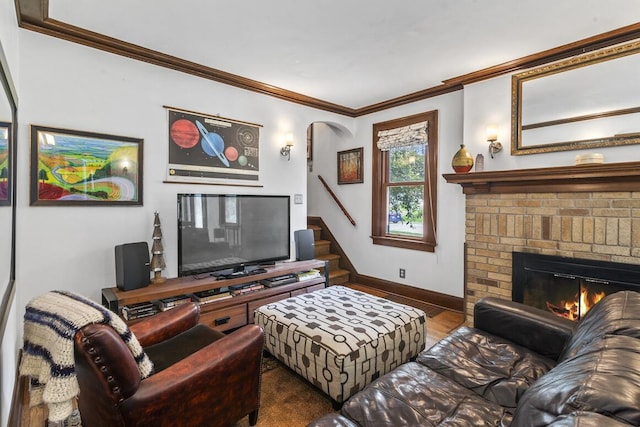 1853 N 83rd St, Wauwatosa, WI 53213 - living area featuring ornamental molding, a fireplace, wood finished floors, stairway, and arched walkways