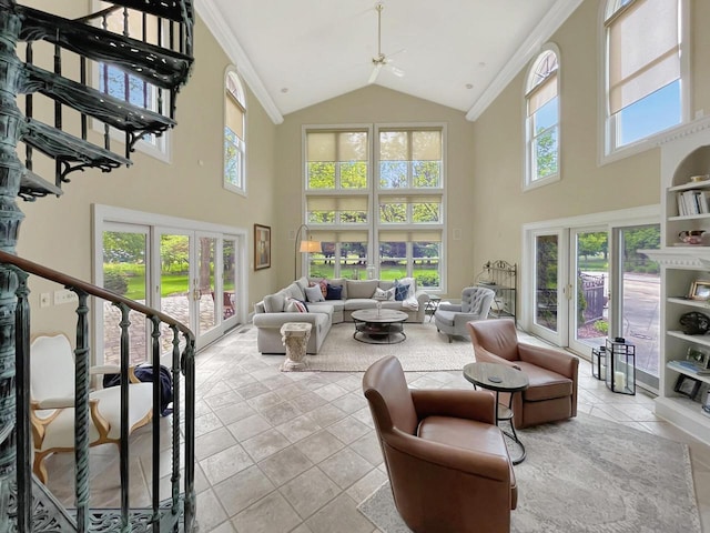 2307 W Willow Creek Ln, Sheboygan, WI 53083 - living area featuring high vaulted ceiling, healthy amount of natural light, french doors, and a ceiling fan