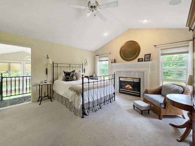 2307 W Willow Creek Ln, Sheboygan, WI 53083 - bedroom with carpet, lofted ceiling, a premium fireplace, a ceiling fan, and recessed lighting