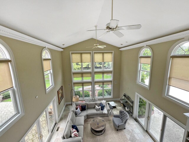 2307 W Willow Creek Ln, Sheboygan, WI 53083 - living room with high vaulted ceiling and ceiling fan