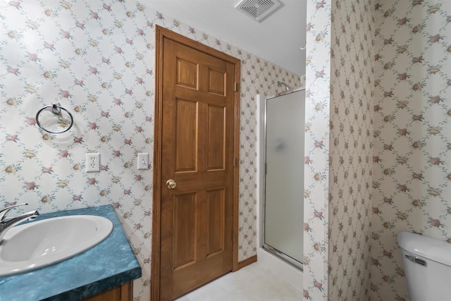 4227 Savannah Ct, Middleton, WI 53562 - bathroom with a stall shower, wallpapered walls, and vanity