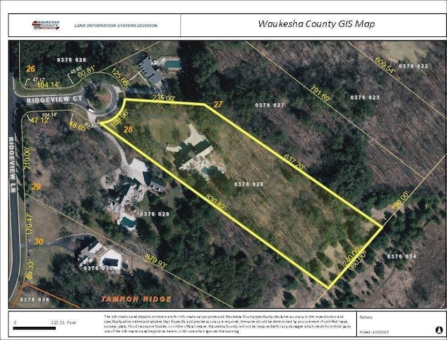 N69W29753 Ridgeview Ct, Hartland, WI 53029 - aerial view of property's location with property boundaries highlighted