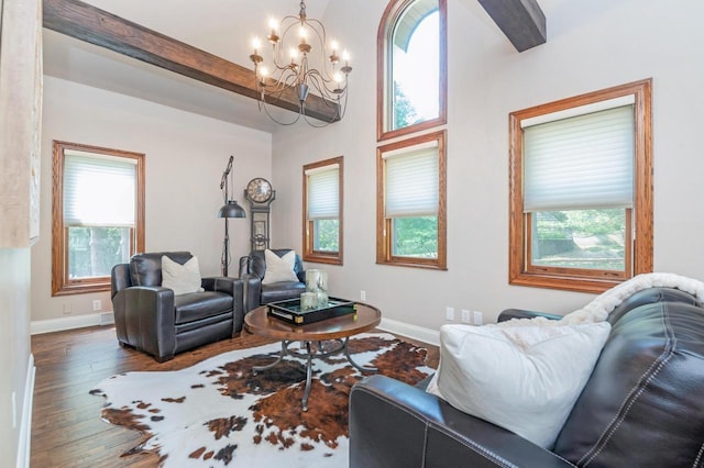 N69W29753 Ridgeview Ct, Hartland, WI 53029 - living area with a chandelier, hardwood / wood-style flooring, healthy amount of natural light, and beam ceiling