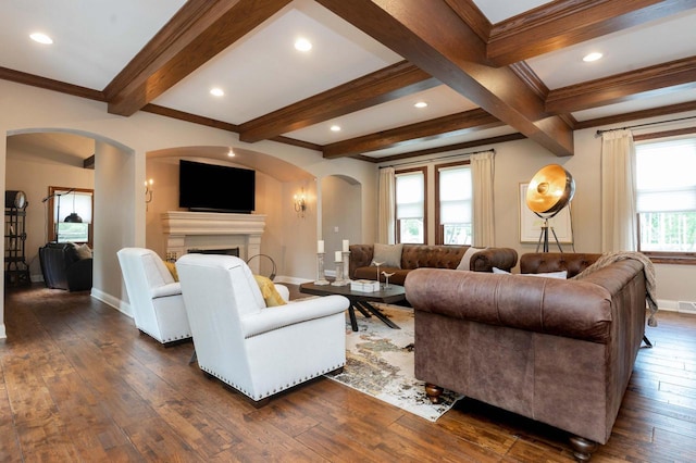 N69W29753 Ridgeview Ct, Hartland, WI 53029 - living area featuring arched walkways, dark wood-type flooring, beam ceiling, a fireplace, and crown molding
