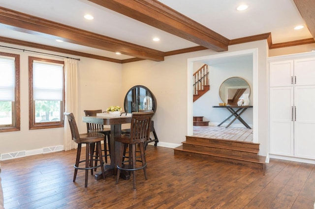 N69W29753 Ridgeview Ct, Hartland, WI 53029 - dining room with stairway, dark wood-style flooring, beam ceiling, recessed lighting, and crown molding