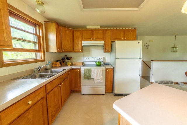 N5642 8th Dr, Westfield, WI 53964 - kitchen with white appliances, under cabinet range hood, brown cabinets, and light countertops