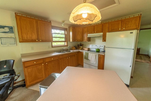 N5642 8th Dr, Westfield, WI 53964 - kitchen with white appliances, under cabinet range hood, and brown cabinetry