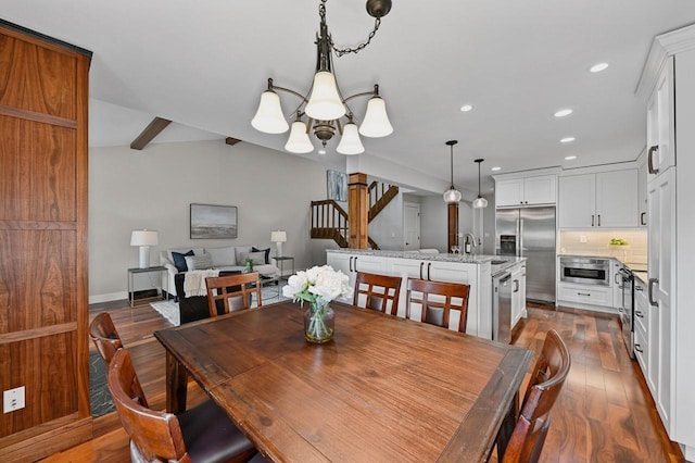 836 Pilgrim Pkwy, Elm Grove, WI 53122 - dining room with a chandelier, dark wood-style floors, recessed lighting, and stairway
