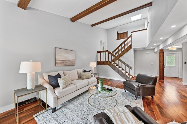 836 Pilgrim Pkwy, Elm Grove, WI 53122 - living area featuring wood finished floors, beam ceiling, stairway, and recessed lighting