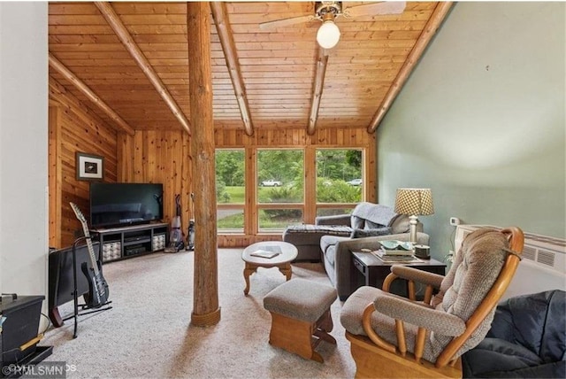 2818 Wilson Ave, Saint Croix Falls, WI 54024 - living area featuring wood ceiling, carpet flooring, wooden walls, a ceiling fan, and a wood stove