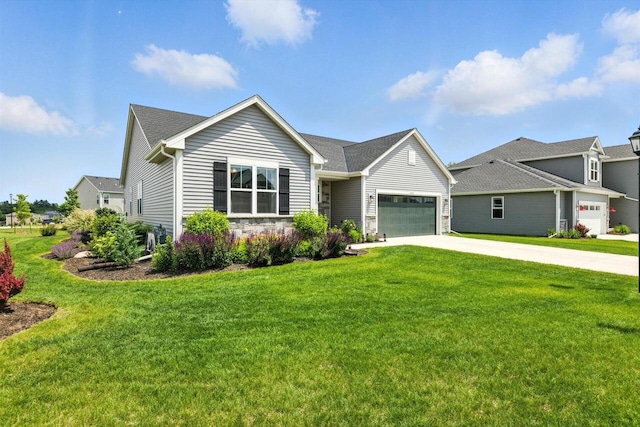 1143 Juniper Ln, Oconomowoc, WI 53066 - single story home featuring an attached garage, concrete driveway, a front yard, and stone siding