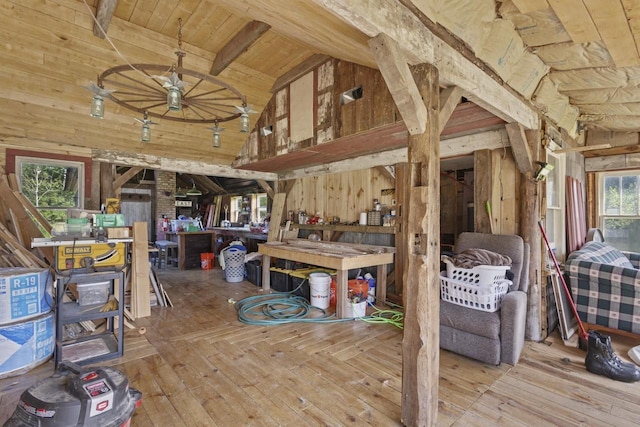 W6525 Beechnut Ave, Wild Rose, WI 54984 - misc room featuring a workshop area, a wood ceiling with exposed beams, a ceiling fan, high vaulted ceiling, and wood walls