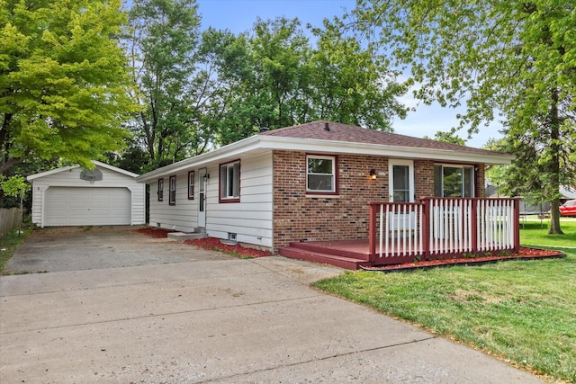 5717 S 42nd St, Greenfield, WI 53221 - ranch-style house featuring an outdoor structure, brick siding, a wooden deck, a front lawn, and a garage